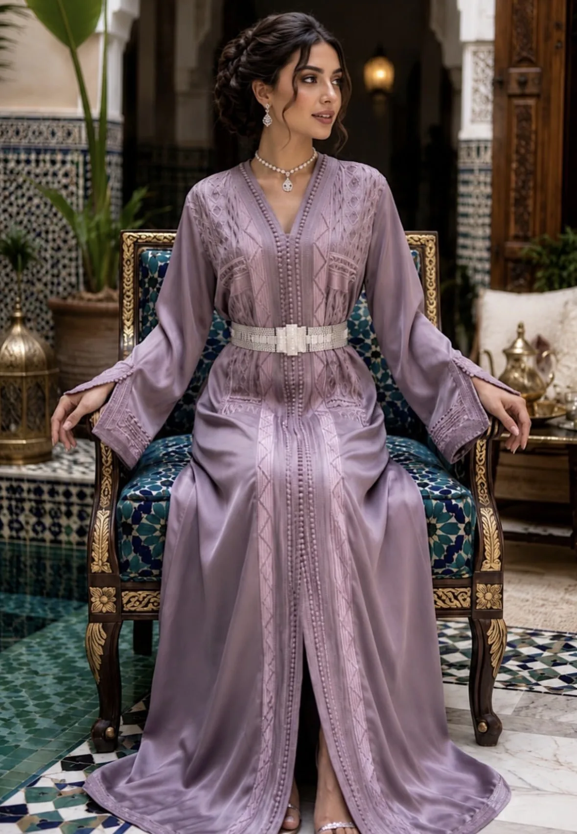 Caftan lilas en satin, collection soirée Manoir Amiraty Oujda
